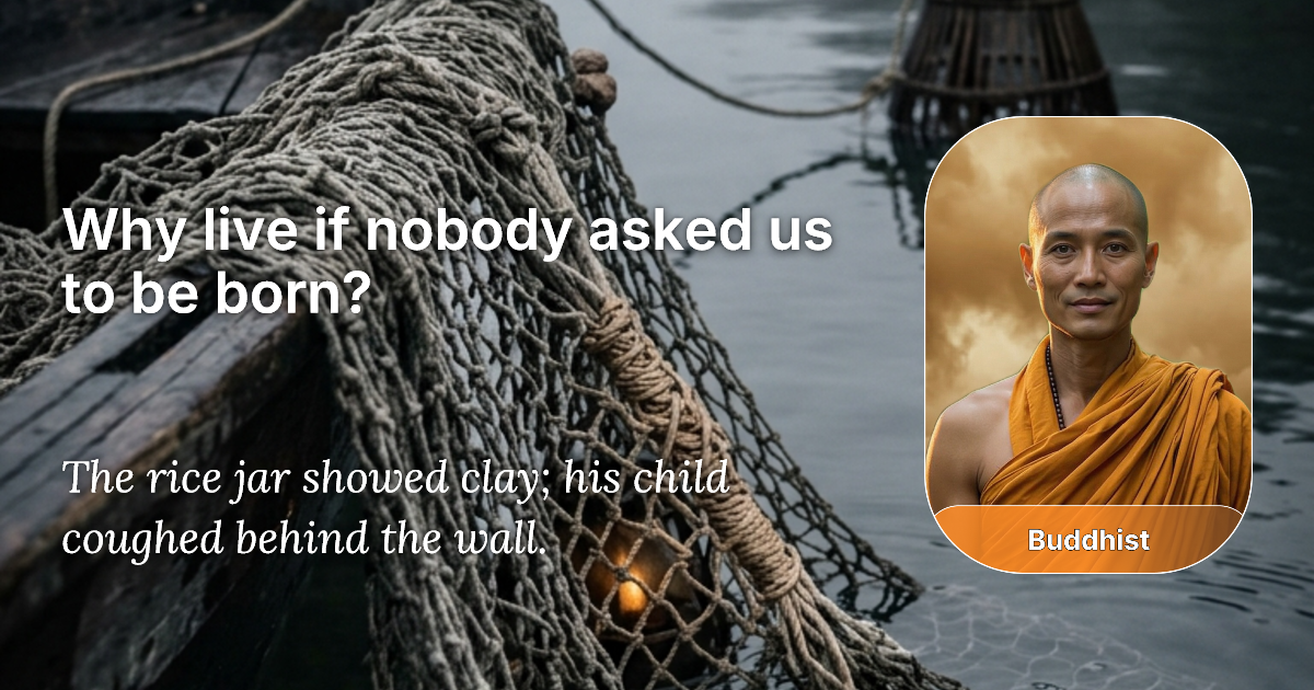 A fisherman mending a knotted fishing net by the water, illustrating the Buddhist answer to why live if nobody asked us to be born