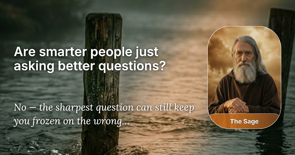 A traveler sitting frozen at a flooded river crossing at dusk, illustrating the question of whether smarter people ask better questions