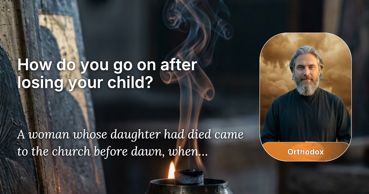 A grieving mother sitting on a cold church floor before an icon of the Mother of God in the dim light before dawn, asking how do you go on after losing your child